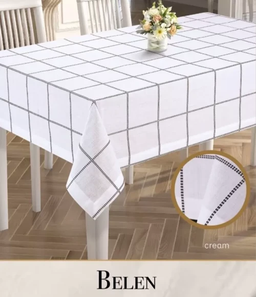 Keten Tek Masa Örtüsü Tablecloth 155x260 cm Yemek Masası Örtüsü Belen Model Krem