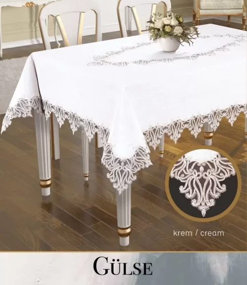 155x260 cm Gülse Model Krem Keten Tek Masa Örtüsü Dantelli Şık Yemek Masası
