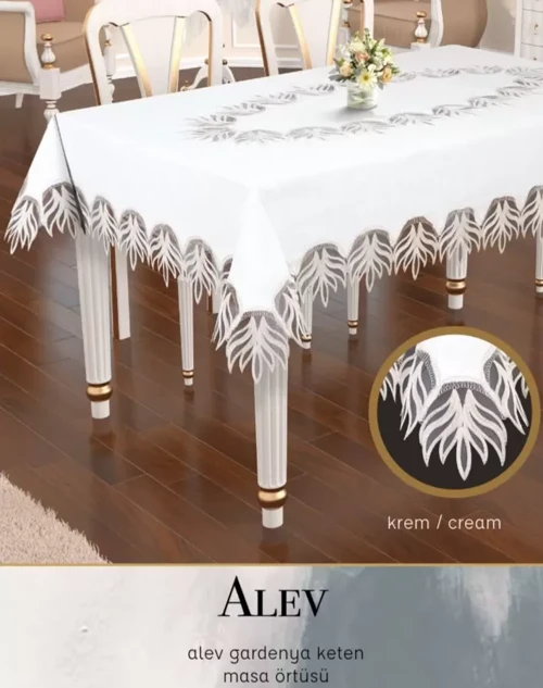 Gardenya Keten Tek Masa Örtüsü 160x400 cm Dantelli Yemek Masası Örtüsü Alev Model Krem