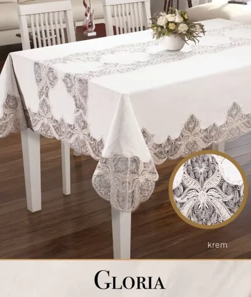 Keten Dantelli Gloria Model 160x260 cm Krem Yemek Masası Örtüsü Dekoratif Tasarım