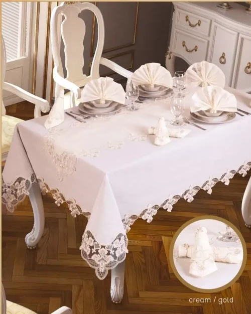 Karanfil Gardenya Keten Krem-Gold 26 Parça 12 Kişilik Premium 160 × 220 cm Masa Seti