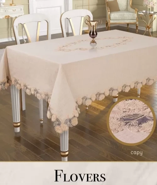 Flowers Model Keten 3D İşlemeli 160x220cm Kapiçino Dantelli Yemek Masası Örtüsü