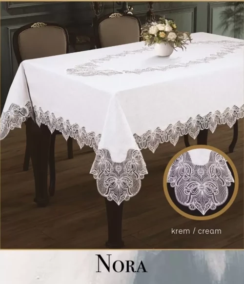 Nora Model Krem-Krem 155x260 cm Keten Masa Örtüsü Tablecloth Şık Ev Dekoru