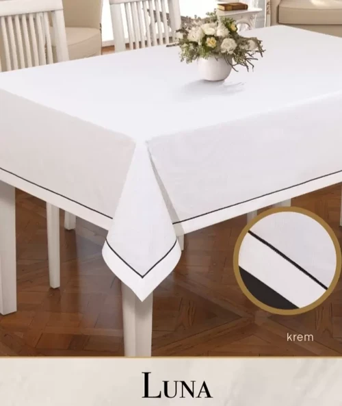 Luna Model Krem 160x260 cm Keten Masa Örtüsü Modern Şık Ev Tekstili Yemek Masası