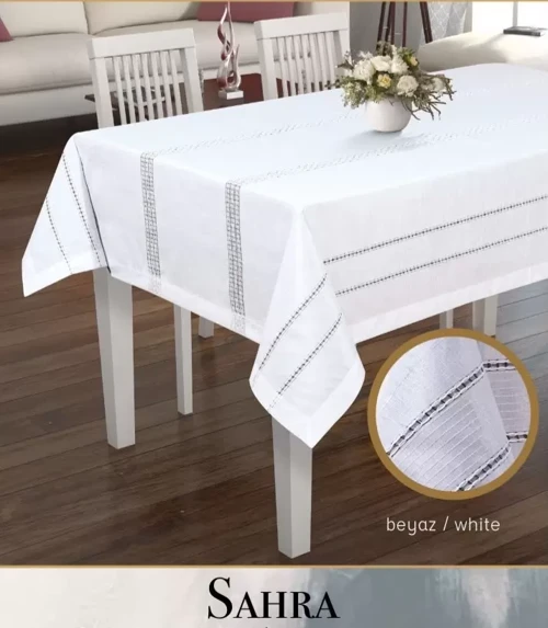 Polyester Ajurlu Keten Masa Örtüsü Tablecloth 160x260 cm Dantelli Yemek Masası Örtüsü Sahra Model Beyaz