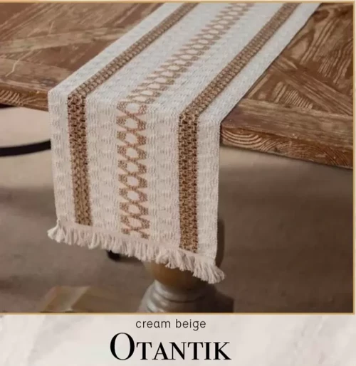Otantik Krem Bej Fransız Dantel Detaylı Sehpa Örtüsü 40x140 cm Dekoratif Model