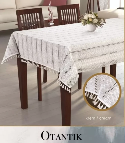 Otantik Model Krem 150x220 cm Pamuklu Masa Örtüsü Tablecloth Yemek Masası Örtüsü