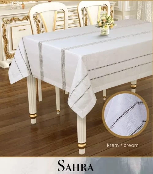Sahra Krem 160x260 cm Dantelli Ajurlu Keten Masa Örtüsü Şık Yemek Masası Dekoru