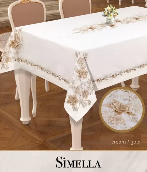 Simella Keten Masa Örtüsü Krem-God Detay 160x260 cm Şık Yemek Masası Dekoru
