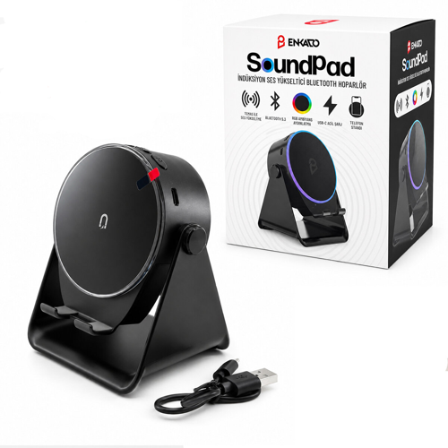 SOUNDPAD 5IN1 - 5W - 2000mAh TEMAS İLE SES YÜKSELTME - TELEFON STAND - USB-C ŞARJ SİYAH İNDİKSİYON SES YÜKSELTİCİ BLUETOOTH HOPARLÖR SPEAKER EKD-S10