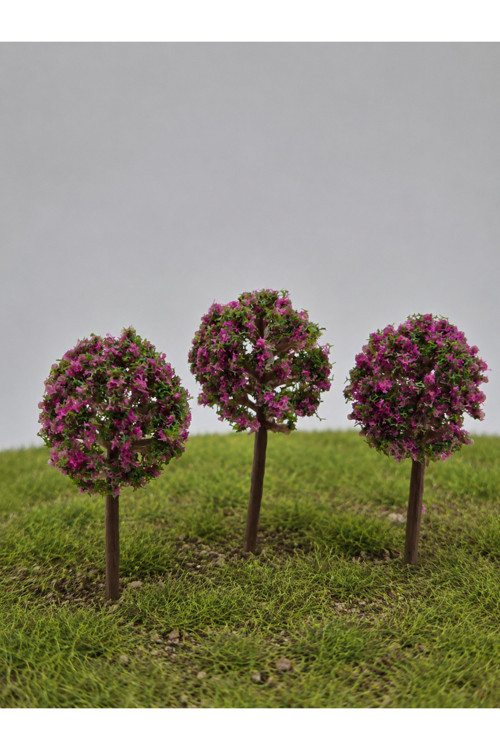Mini Maket Ağaç Pembe Çiçekli 3'Lü ( 4 Cm ) Diorama, Proje Ve 3 Boyutlu Ödevler