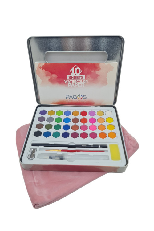 Metal Kutulu Pembe Peluş Kılıflı 36'Lı Sulu Boya Seti ( 36 Renk Sulu Boya + 10 Adet 300 Gr Kağıt )