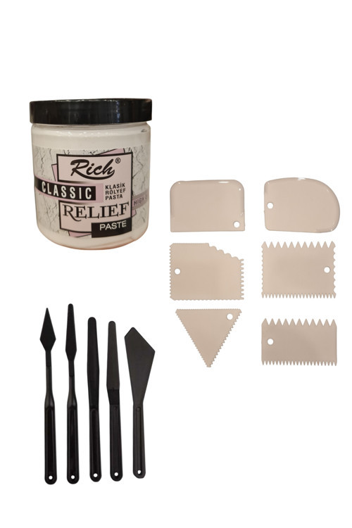 Klasik Rölyef Pasta (350 Gr ) + 6'Lı Şekillendirme Tarağı Ve 5 'Li Plastik Spatula Seti Tam 12 Parça