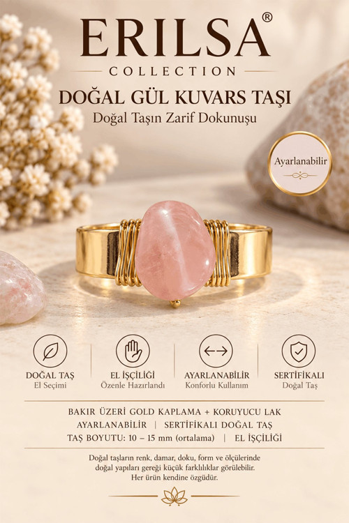 Sertifikalı Doğal Gül Kuvars Taşı Yüzük Gold Kaplama Bakır Kasa Ayarlanabilir El İşçiliği