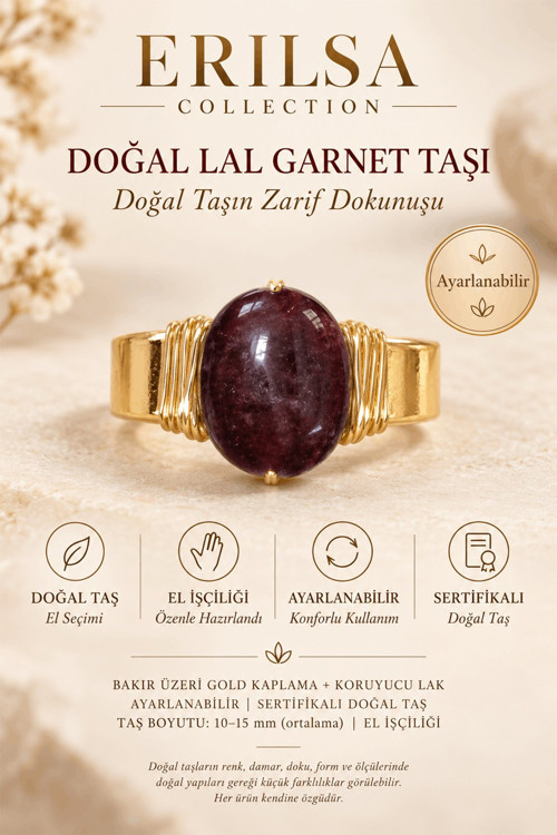 Sertifikalı Lal Garnet Taşı Doğal Taş Yüzük Gold Kaplama Bakır Kasa Ayarlanabilir