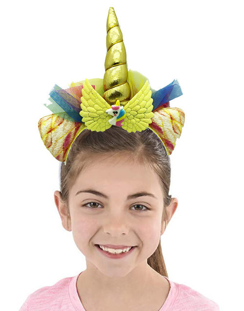 Altın Renk Boynuzlu Tüllü Kanatlı Unicorn Tacı 17x27 cm