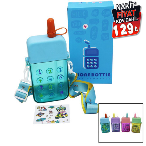 TELEFON MODELİ RENKLİ MİKA KRİSTAL SULUK MATARA PİPETLİ - VİDALI KAPAK - ASKILI 300ML