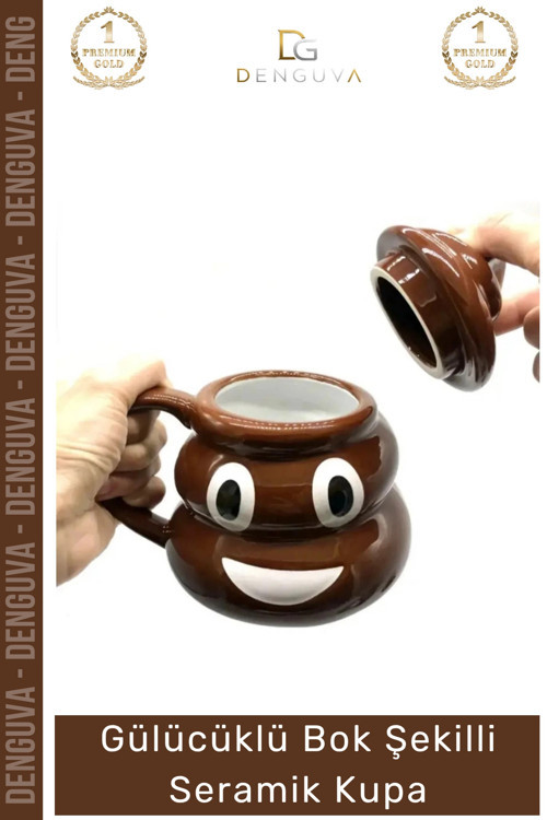 Premium Özel Tasarım Hediye Kutulu Gülücüklü Bok Şekilli Seramik Kupa 14 x 15 cm Emoji Bardak