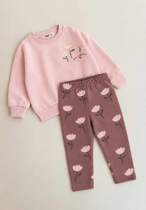 Taytlı Mevsimlik T-Shirt Takım 1-7 Yaş Pudra Pembe