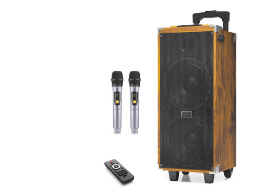 Çift Karaoke Mikrofonlu Bluetooth Hoparlör Fm Radyo 50W 2x8 İnç Rgb Kumandalı Ahşap JBR8808