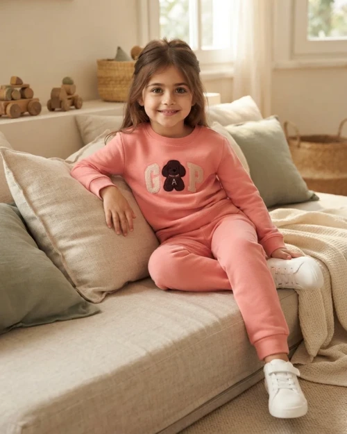 Nakışlı Somon Renk Kız Çocuk Takım Modeli