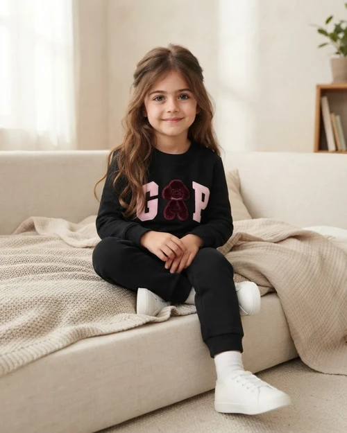 Siyah Nakışlı Kız Çocuk Şardonlu Takım Modeli