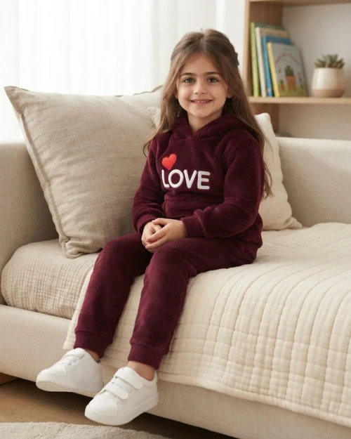 Kalp Nakışlı Bordo Well Soft Peluş Kız Takım