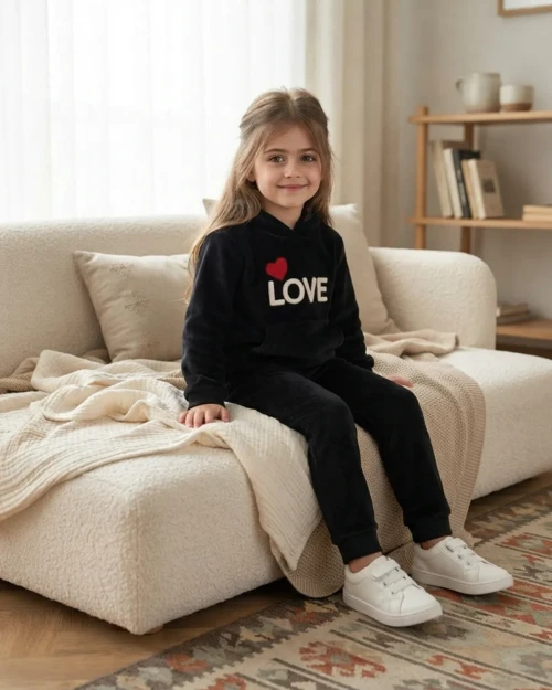 Kalp Nakış Detaylı Siyah Kız Çocuk Well Soft Takım