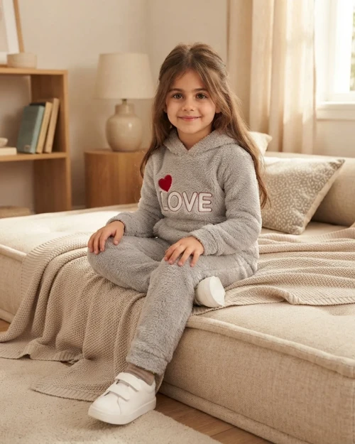Kalp Nakışlı Gri Well Soft Peluş Kız Çocuk Takım