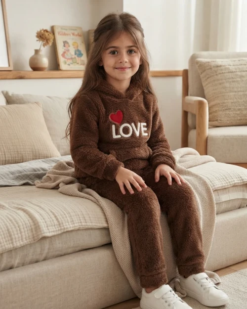 Kalp Nakışlı Well Soft Peluş Kumaş Kız Çocuk Takımı – Koyu