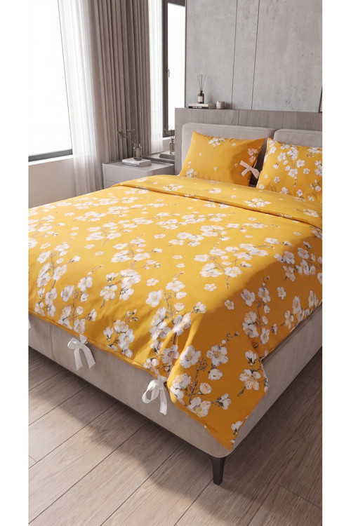 %100 Pamuk Çift Kişilik Çiçekli Bağcıklı Nevresim Seti 220X200 Cm – 2'Li Desenli Bağcıklı Yastık Kılıfı