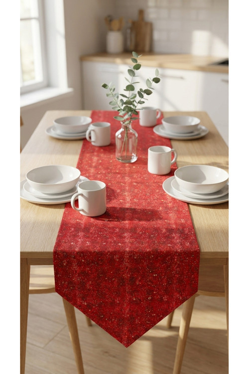 %100 Pamuk Simli Kırmızı Desenli Üçgen Runner 40X150