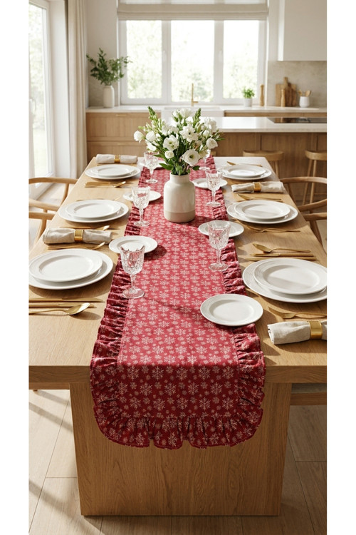 %100 Pamuk Bordo Simli Kar Taneli Desenli Kumaş Fırfırlı Runner 40X150