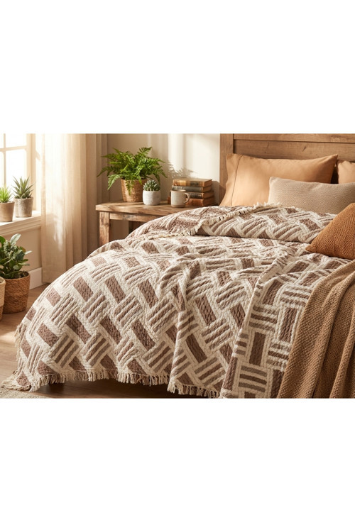 %100 Pamuk Jakarlı Hasır Desen 8 Kat Müslin Örtü Pike 220*240 Battal Boy Yatak Örtüsü Battaniye