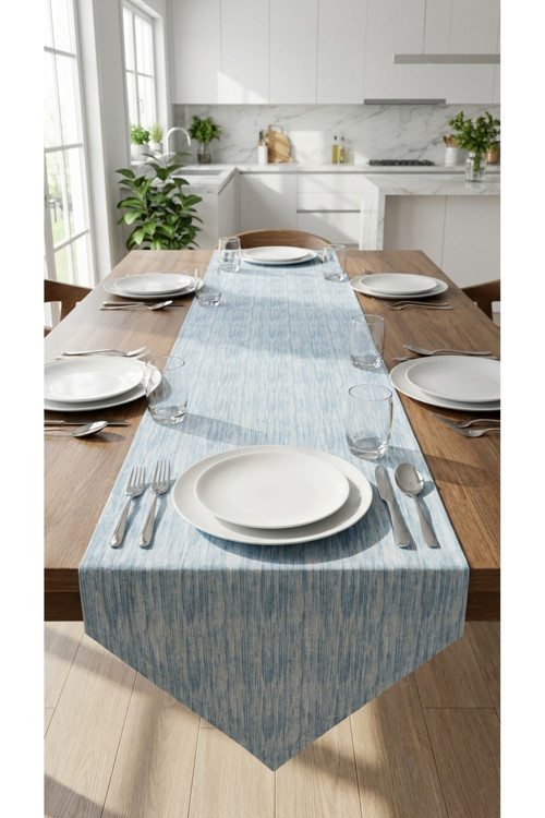 %100 Pamuk Simli Kumaş Mavi Desenli Üçgen Runner 40X150