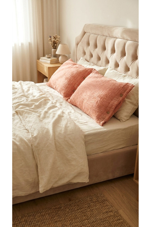 4 Katlı Müslin Naturel %100 Pamuklu 2 Adet Yastık Kılıfı 50X70Cm Somon