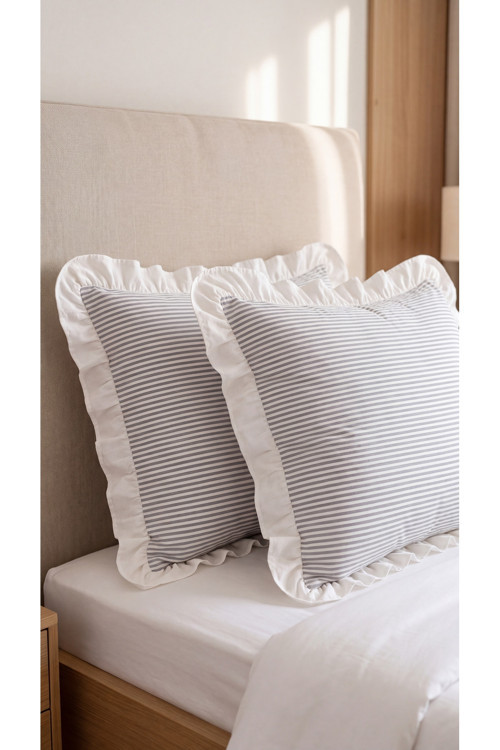 2'Li Pamuklu Kumaş Beyaz Fırfırlı Çizgili Yastık Kılıfı 50X70 Cm