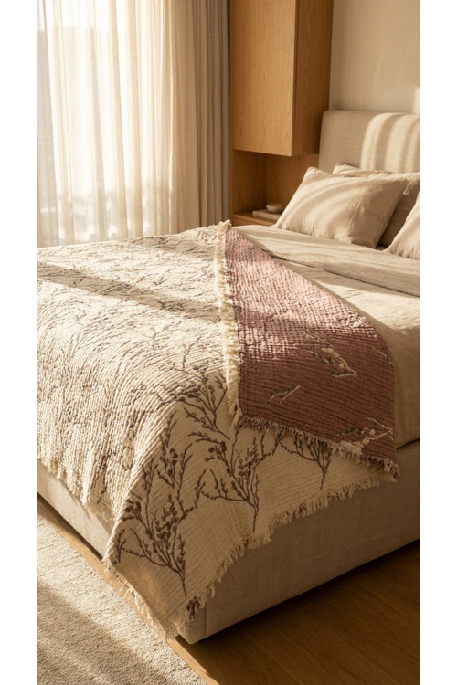 %100 Pamuk Çiçekli Desen 8 Kat Müslin Örtü Pike 220*240 Battal Boy Yatak Örtüsü Battaniye