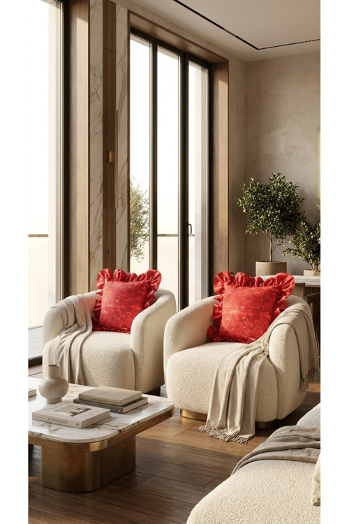 2 Adet %100 Pamuk Simli Kırmızı Desenli Fırfırlı Kırlent Kılıfı 40X40