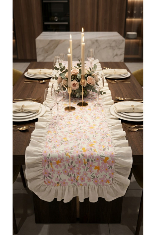 Fırfırlı Runner Çiçek Desenli 40X150