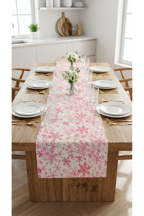 %100 Pamuk Simli Kumaş Pembe Desenli Dikdörtgen Runner 40X110