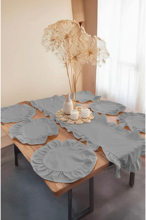 5 Parça Fırfırlı Pamuklu Kumaş Runner Set 1 Runner (40X 150), 4 Amerikan Servis(40 X 40)