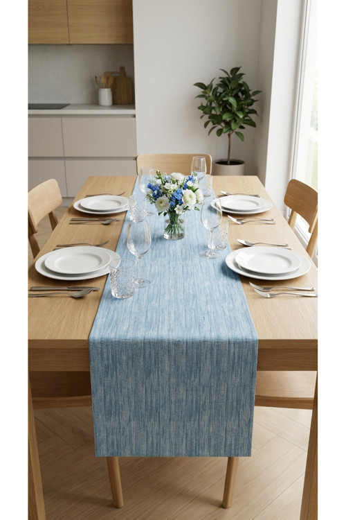 %100 Pamuk Simli Kumaş Mavi Desenli Dikdörtgen Runner 40X110