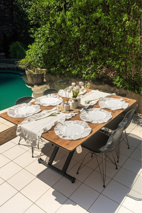 5 Parça Fırfırlı Pamuklu Kumaş Runner Set 1 Runner (40X 150), 4 Amerikan Servis(40 X 40)