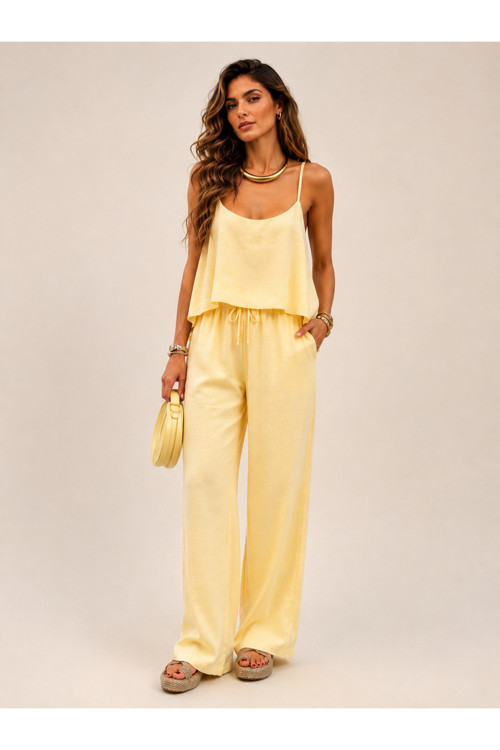 Gold Ayarlanabilir Askılı Bluz Beli Lastikli Bol Paça Pantolon Tencel Takım
