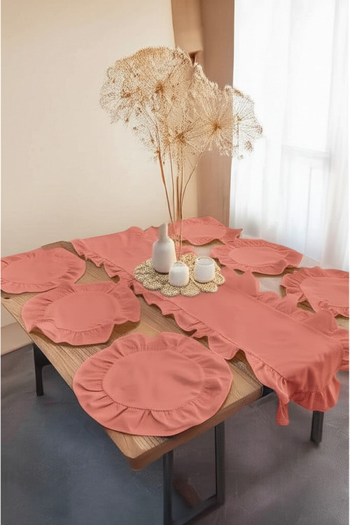 7 Parça Fırfırlı Pamuklu Kumaş Runner Set 1 Runner (40X 150), 6 Amerikan Servis(40 X 40)
