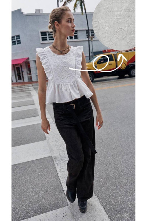 Fırfır Detaylı Nakışlı Peplum Beyaz Bluz