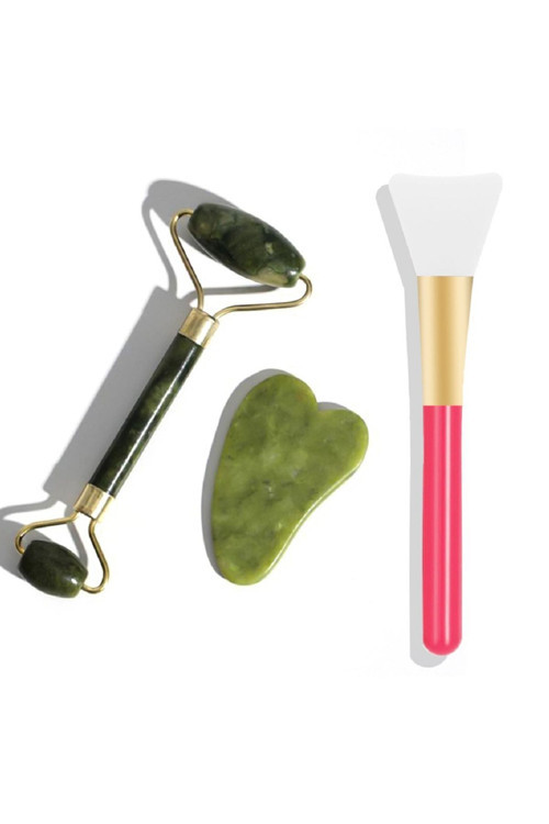 3'Lü Set+ Yeşim Taşı +Kalp Gua Sha Yüz Bakım Taşı+Silikon Maske Sürme Spatulası
