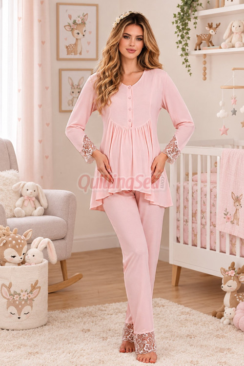 Bebe Pembe Renkli Dantel Detaylı, 33204 Uzun Kol, 2 Parça Lohusa Hamile Pijama Takımı
