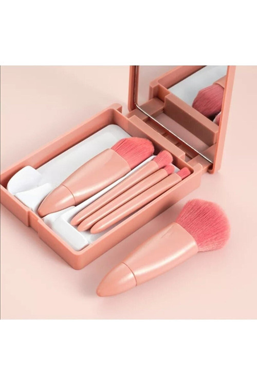 Taşınabilir Aynalı 5'Li Makyaj Fırça Seti Profesyonel Allık Dudak Kaş Kapatıcı / Makeup Brush
